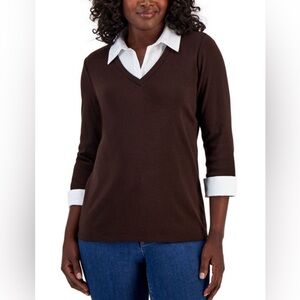 Karen Scott Brown V-Neck Layered Look Sweater